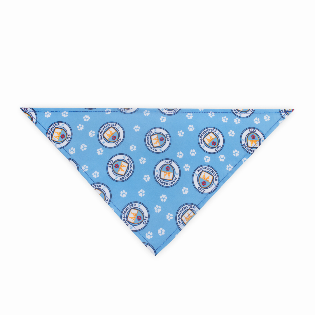 Flat, blue Manchewster City parody dog bandana featuring a stylish soccer-inspired design, perfect for sporty pups and unique soccer gifts for dog-loving soccer fans