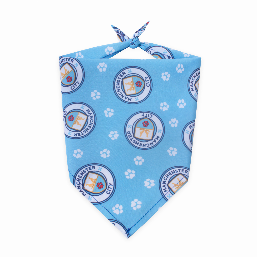 Tied, blue Manchewster City parody dog bandana featuring a stylish soccer-inspired design, perfect for sporty pups and unique soccer gifts for dog-loving soccer fans