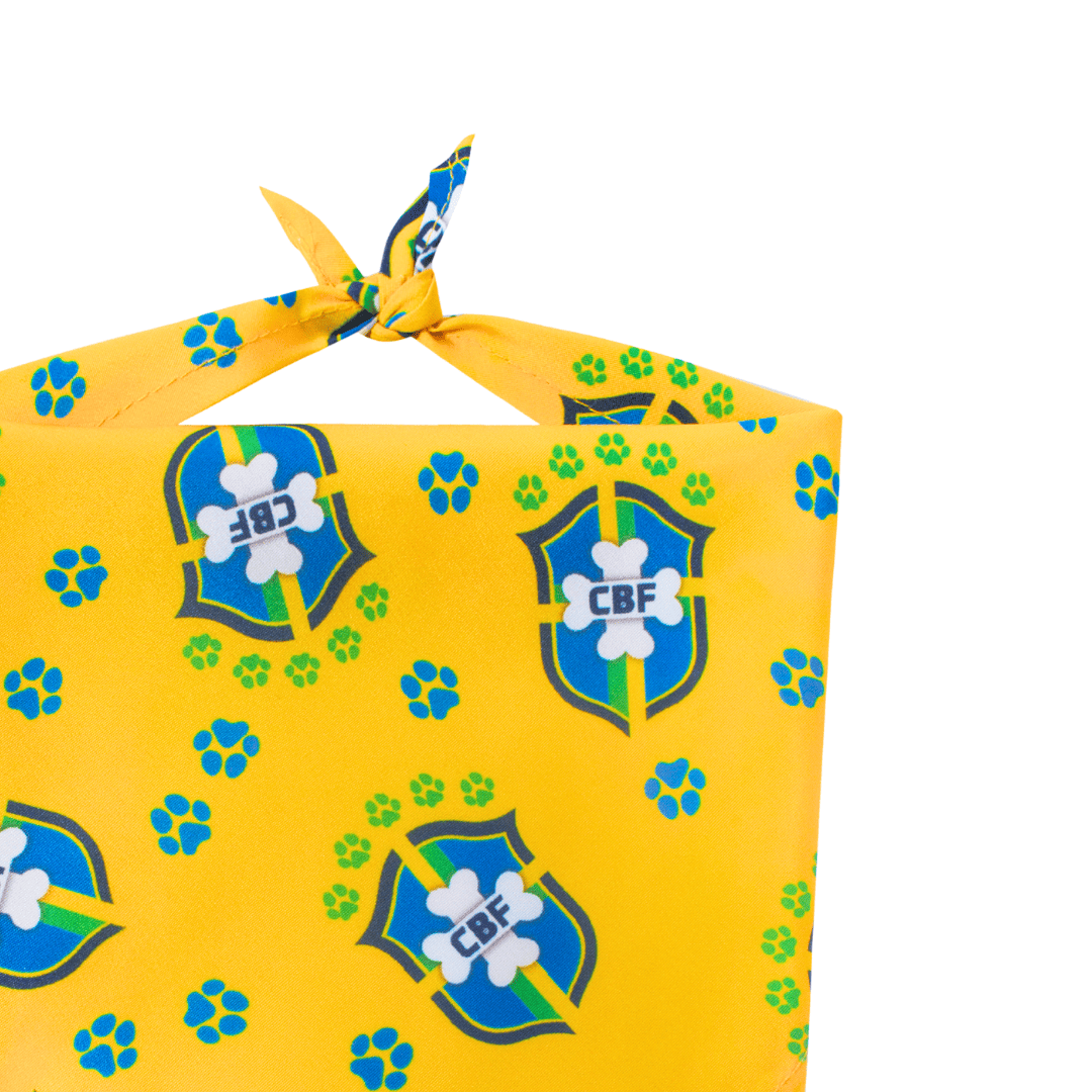 Close up, yellow Barkzil parody dog bandana featuring a stylish Brazilian soccer-inspired design, perfect for sporty pups and unique soccer gifts for dog-loving soccer fans