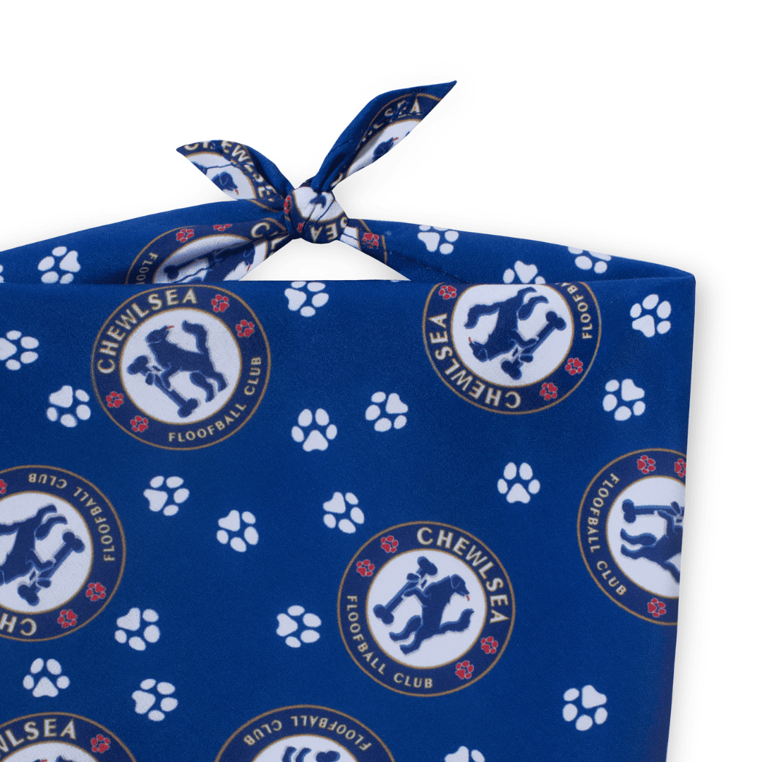 Close-up image of blue soccer dog bandana with Chelsea Football Club-inspired logo and paw prints on a white background