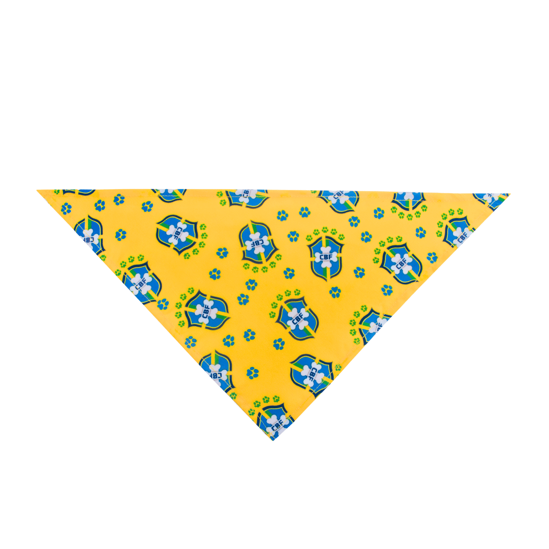 Flat lay, yellow Barkzil parody dog bandana featuring a stylish Brazilian soccer-inspired design, perfect for sporty pups and unique soccer gifts for dog-loving soccer fans
