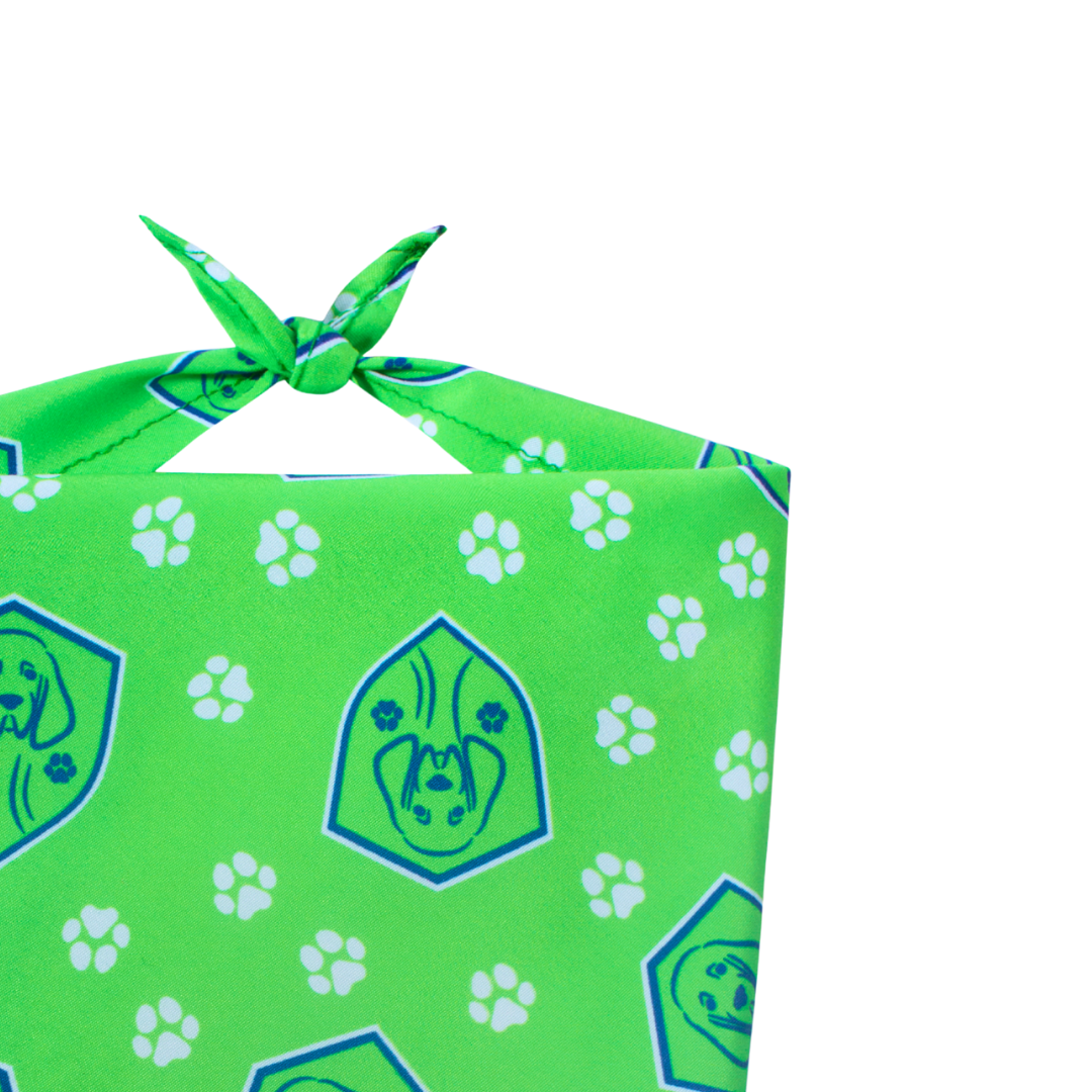 Green bandana with soccer dog pattern and paw prints on a white background
