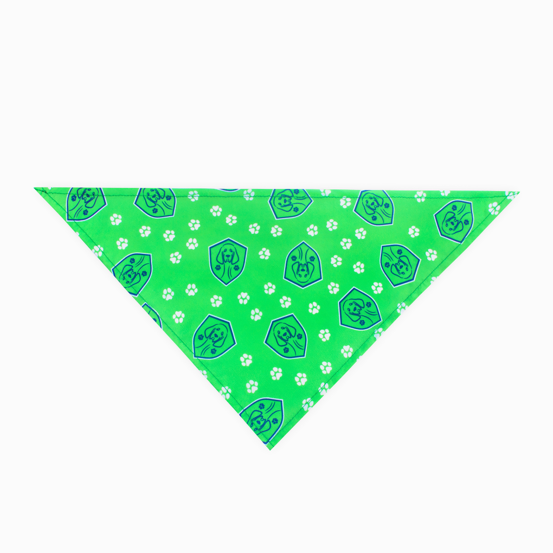 Green bandana with soccer dog pattern and paw prints on a white background