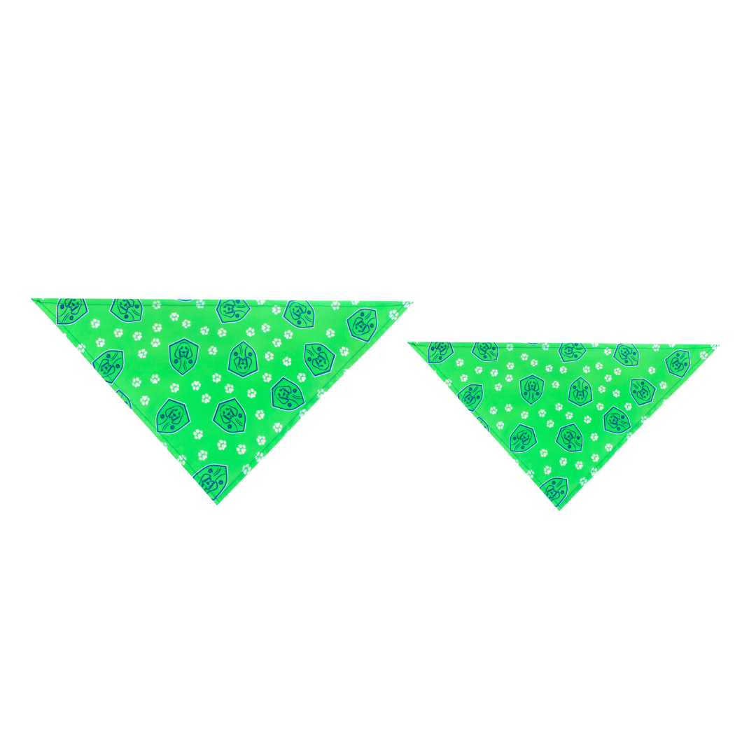 Green bandanas with soccer dog pattern and paw prints on a white background