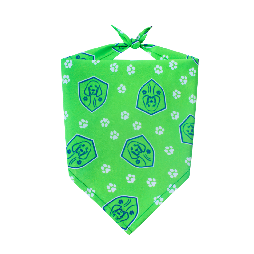 Green bandana with soccer dog pattern and paw prints on a white background