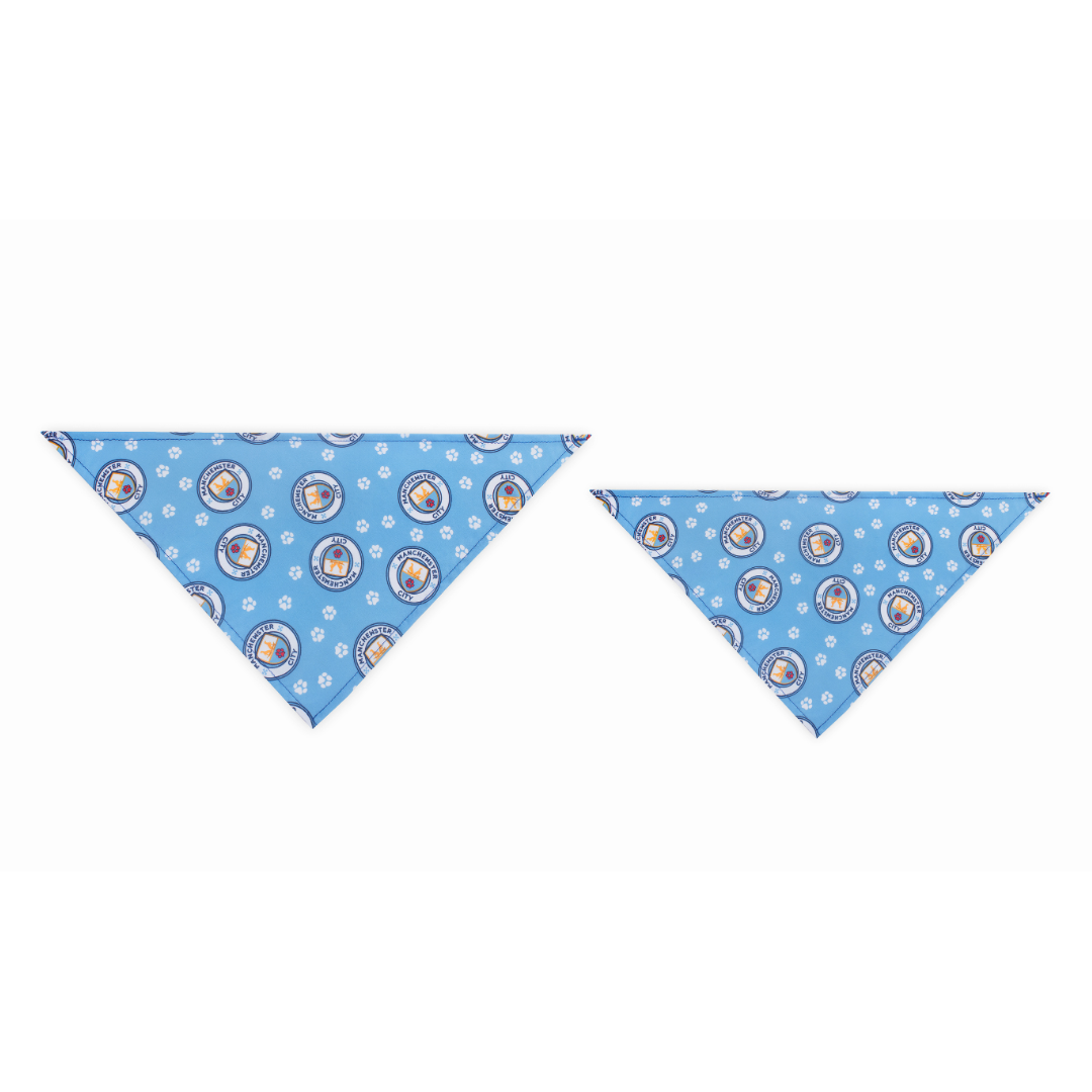 Small & Large, blue Manchewster City parody dog bandana featuring a stylish soccer-inspired design, perfect for sporty pups and unique soccer gifts for dog-loving soccer fans