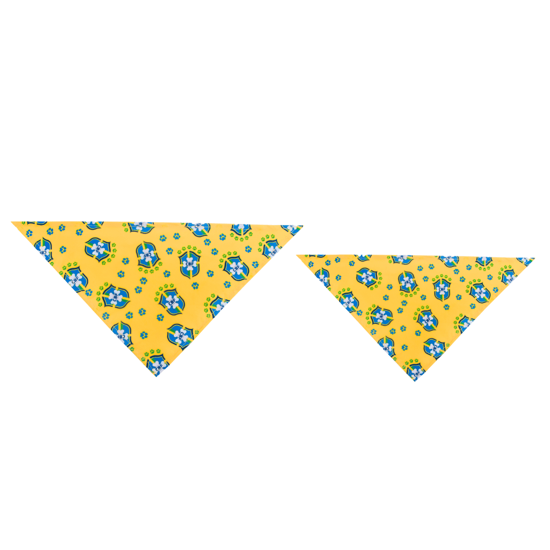 Small and large size comparison, yellow Barkzil parody dog bandana featuring a stylish Brazilian soccer-inspired design, perfect for sporty pups and unique soccer gifts for dog-loving soccer fans