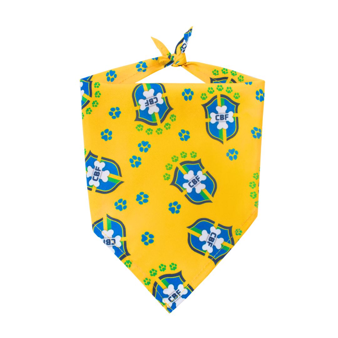Tied, yellow Barkzil parody dog bandana featuring a stylish Brazilian soccer-inspired design, perfect for sporty pups and unique soccer gifts for dog-loving soccer fans