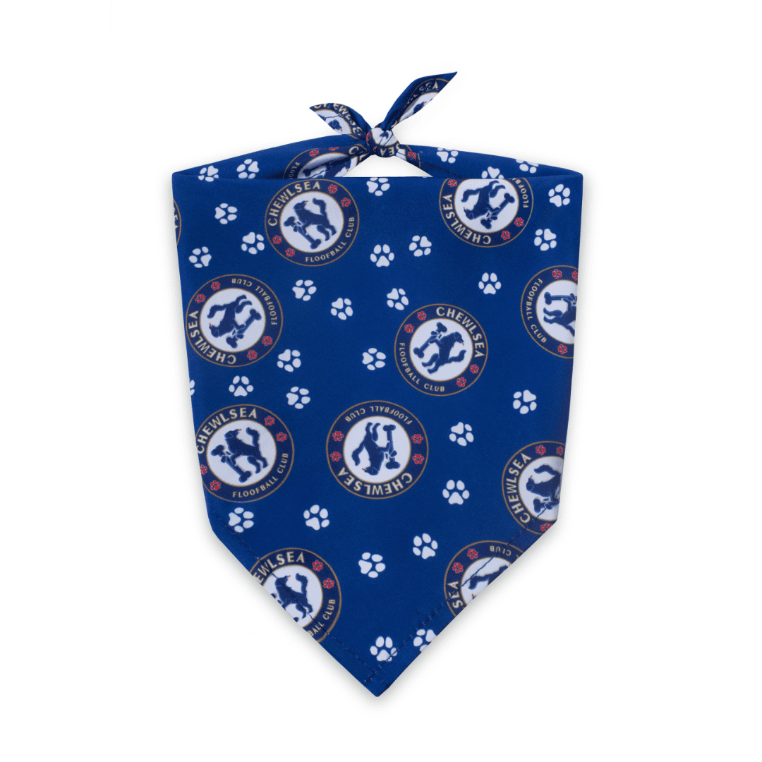 Blue soccer dog bandana with Chelsea Football Club-inspired logo and paw prints on a white background