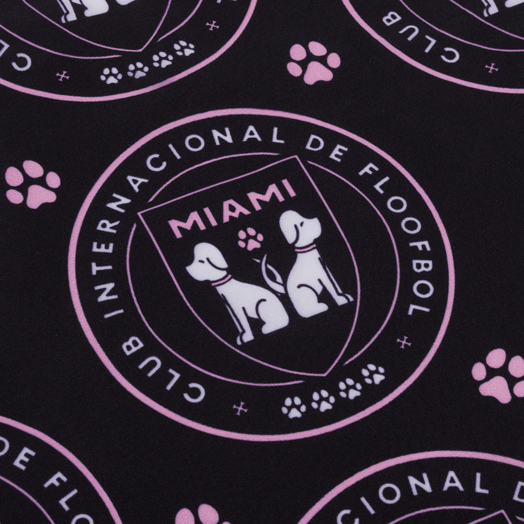Close up, black Miami parody dog bandana featuring a stylish soccer-inspired design, perfect for sporty pups and unique soccer gifts for dog-loving soccer fans