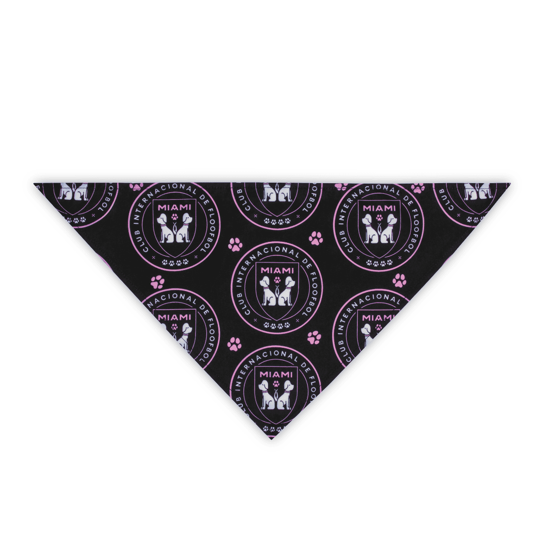 Flat, black Miami parody dog bandana featuring a stylish soccer-inspired design, perfect for sporty pups and unique soccer gifts for dog-loving soccer fans