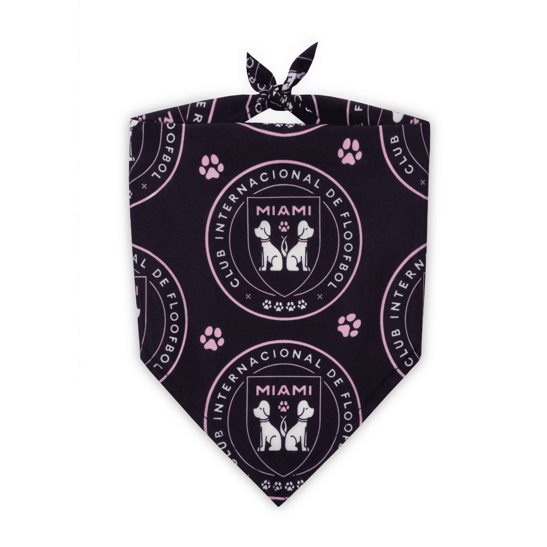 Tied, black Miami parody dog bandana featuring a stylish soccer-inspired design, perfect for sporty pups and unique soccer gifts for dog-loving soccer fans