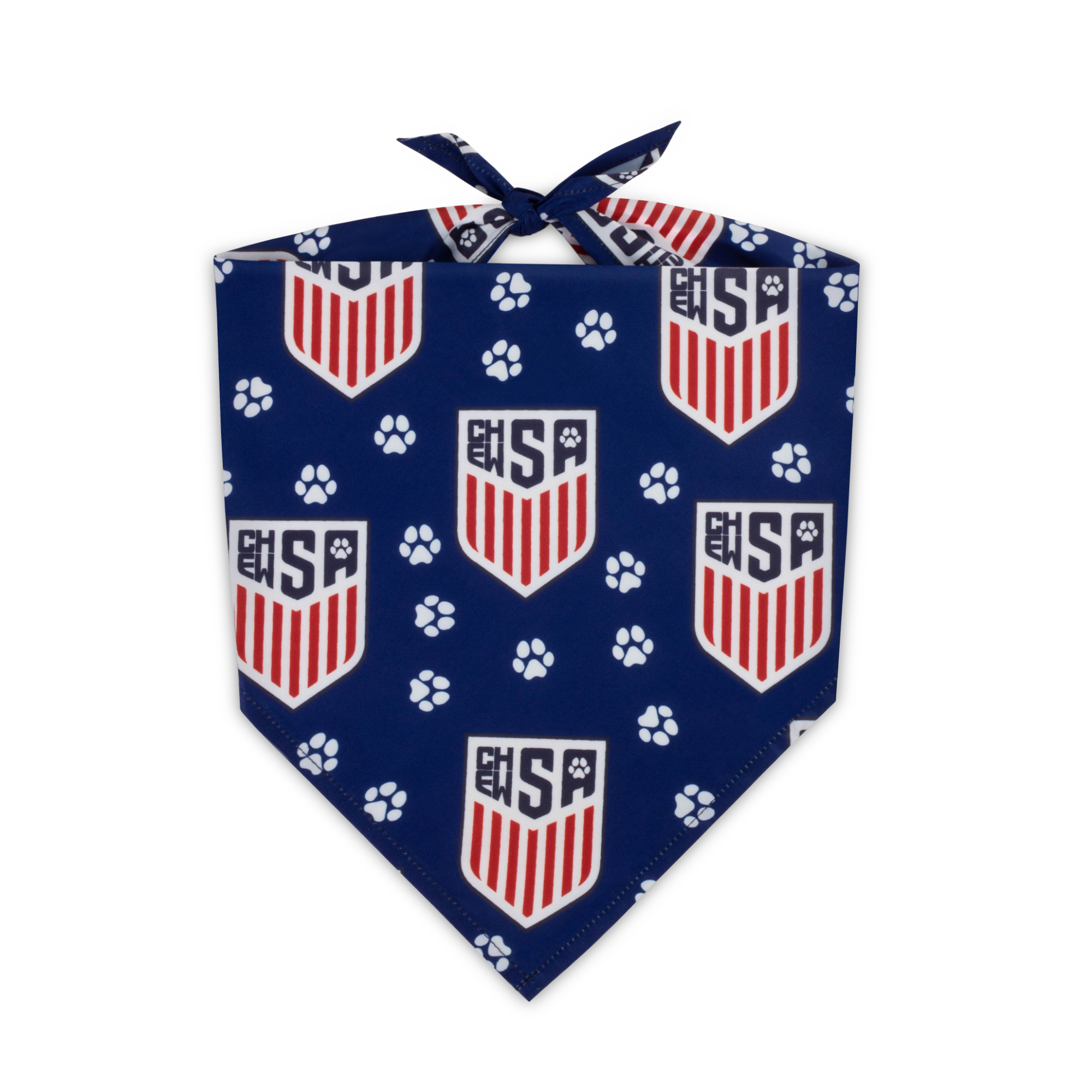 Tied, blue ChewSA parody dog bandana featuring a stylish soccer-inspired design, perfect for sporty pups and unique soccer gifts for dog-loving soccer fans
