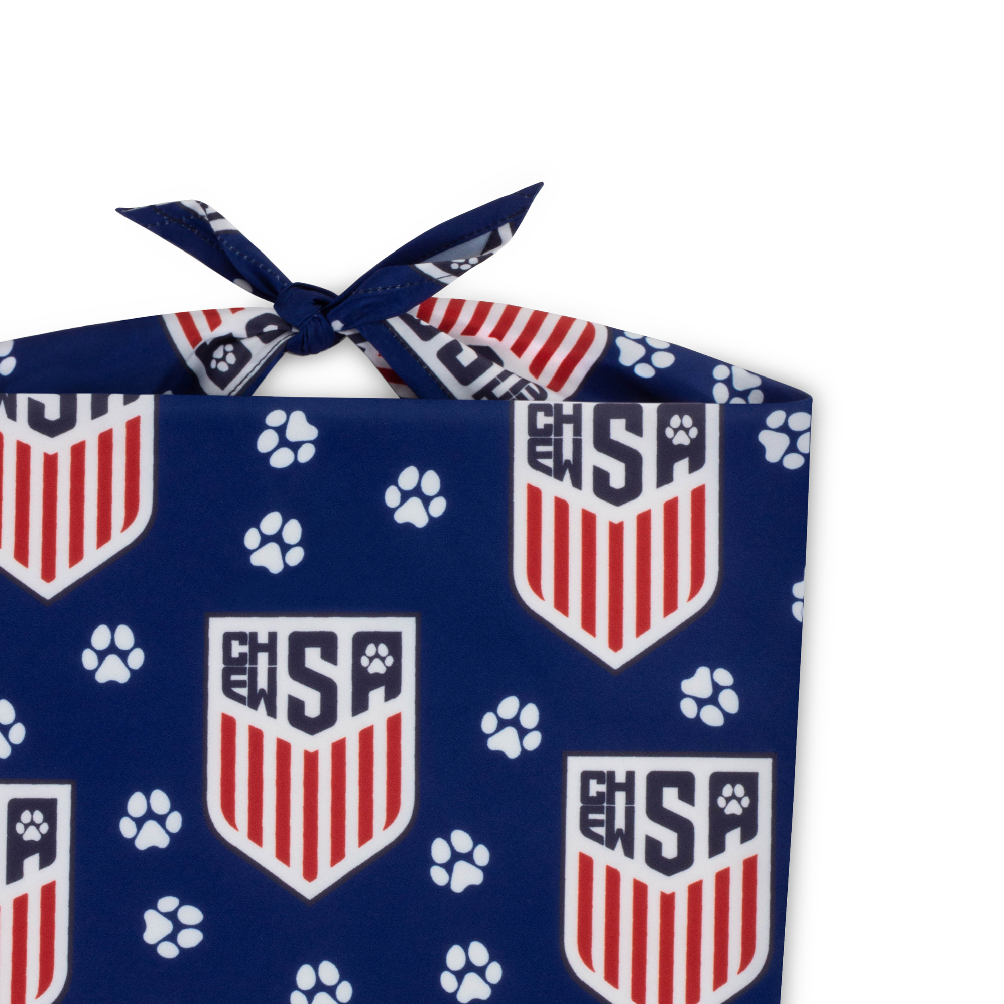 Navy blue soccer bandana with red and white ChewSA shield logos and paw prints on a white background