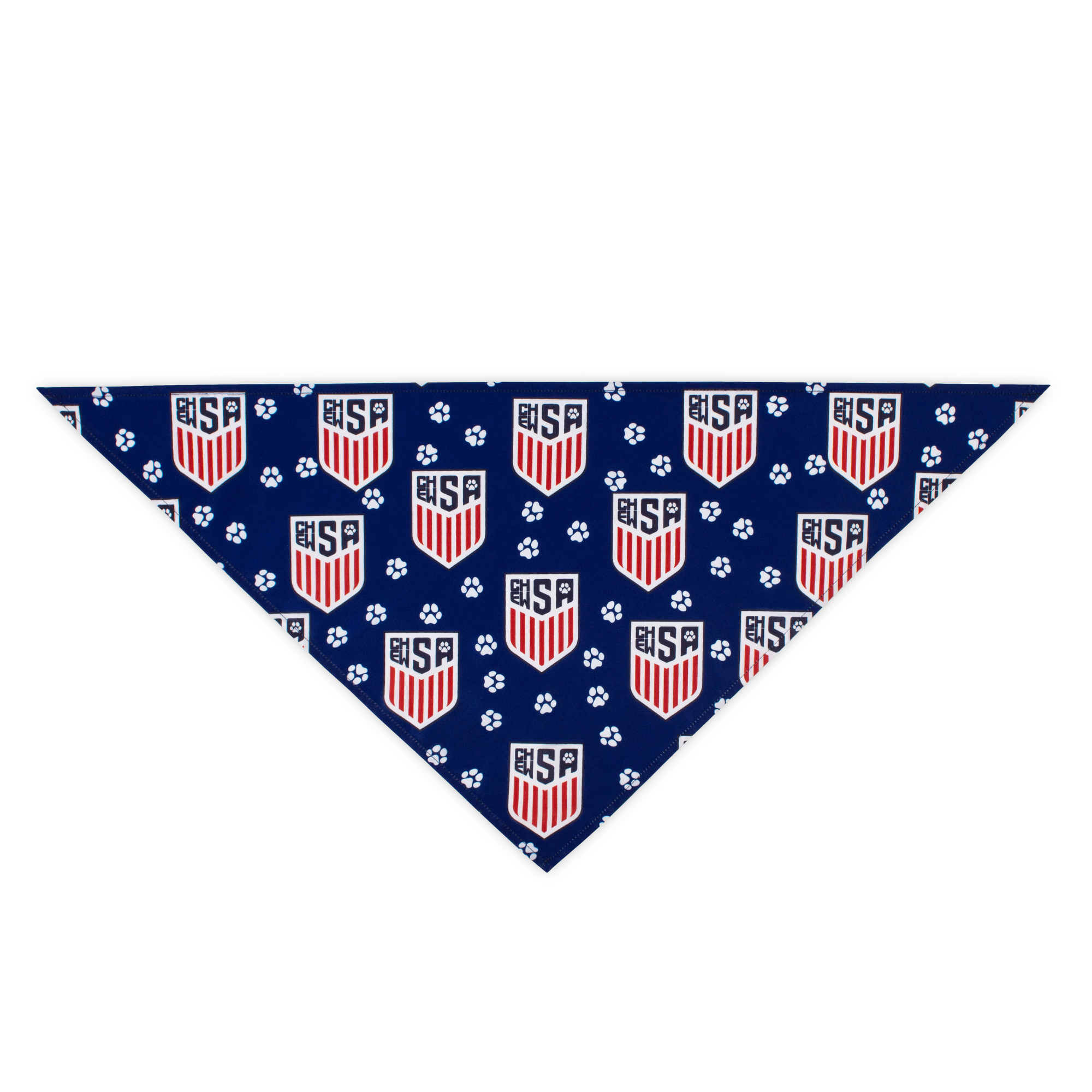Navy blue soccer bandana with ChewSA shield and paw print pattern on a white background