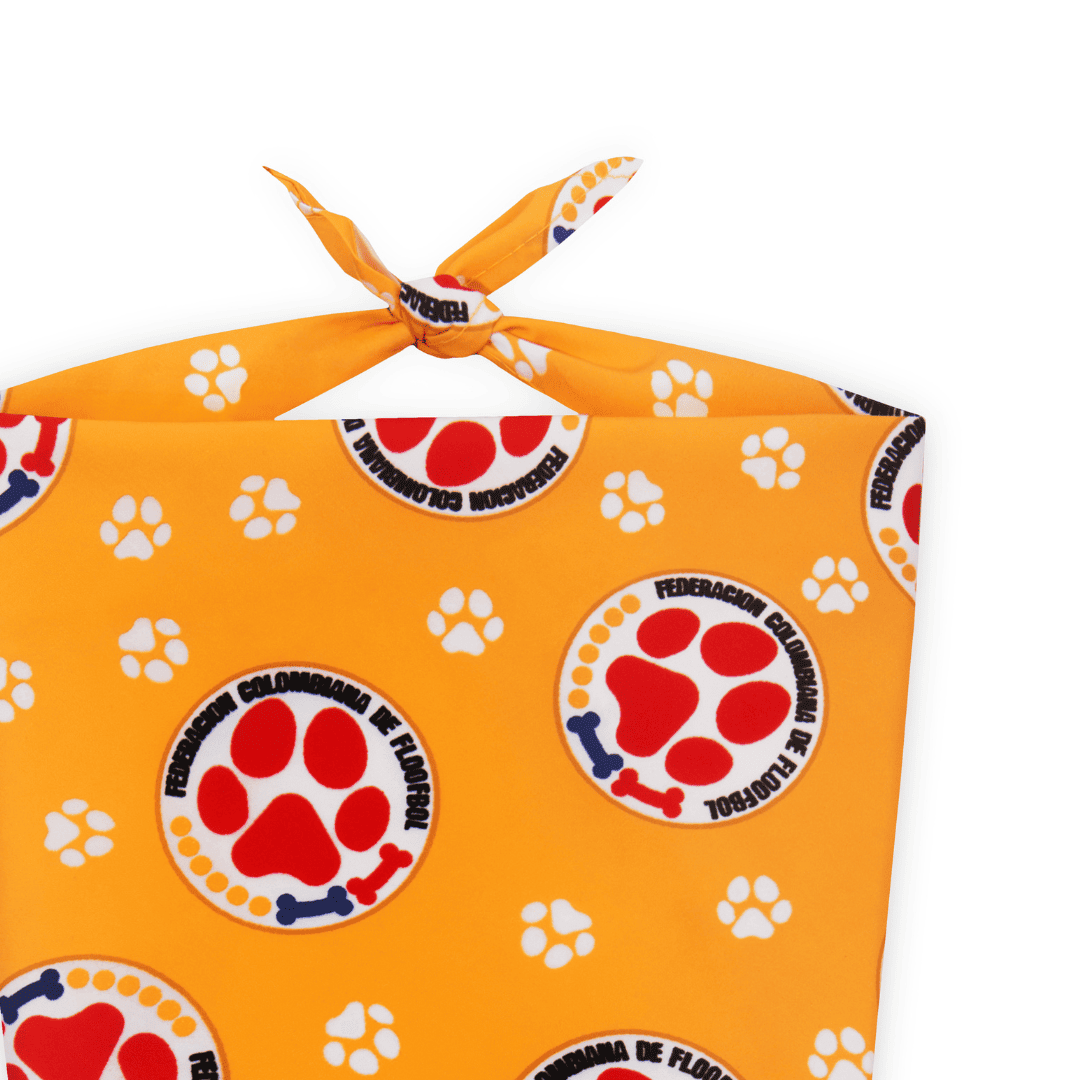 Close up, yellow Colombia parody dog bandana featuring a stylish soccer-inspired design, perfect for sporty pups and unique soccer gifts for dog-loving soccer fans
