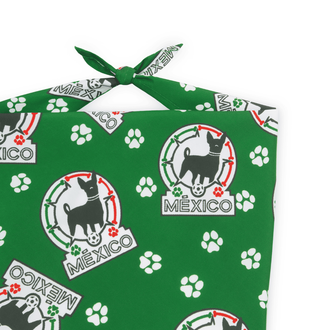 Close-up image of soccer dog bandana with Mexico-inspired design and dog paw print on a white background