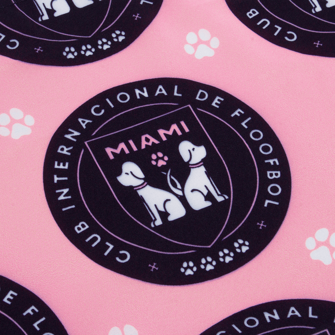 Close Up, pink Miami parody dog bandana featuring a stylish soccer-inspired design, perfect for sporty pups and unique soccer gifts for dog-loving soccer fans
