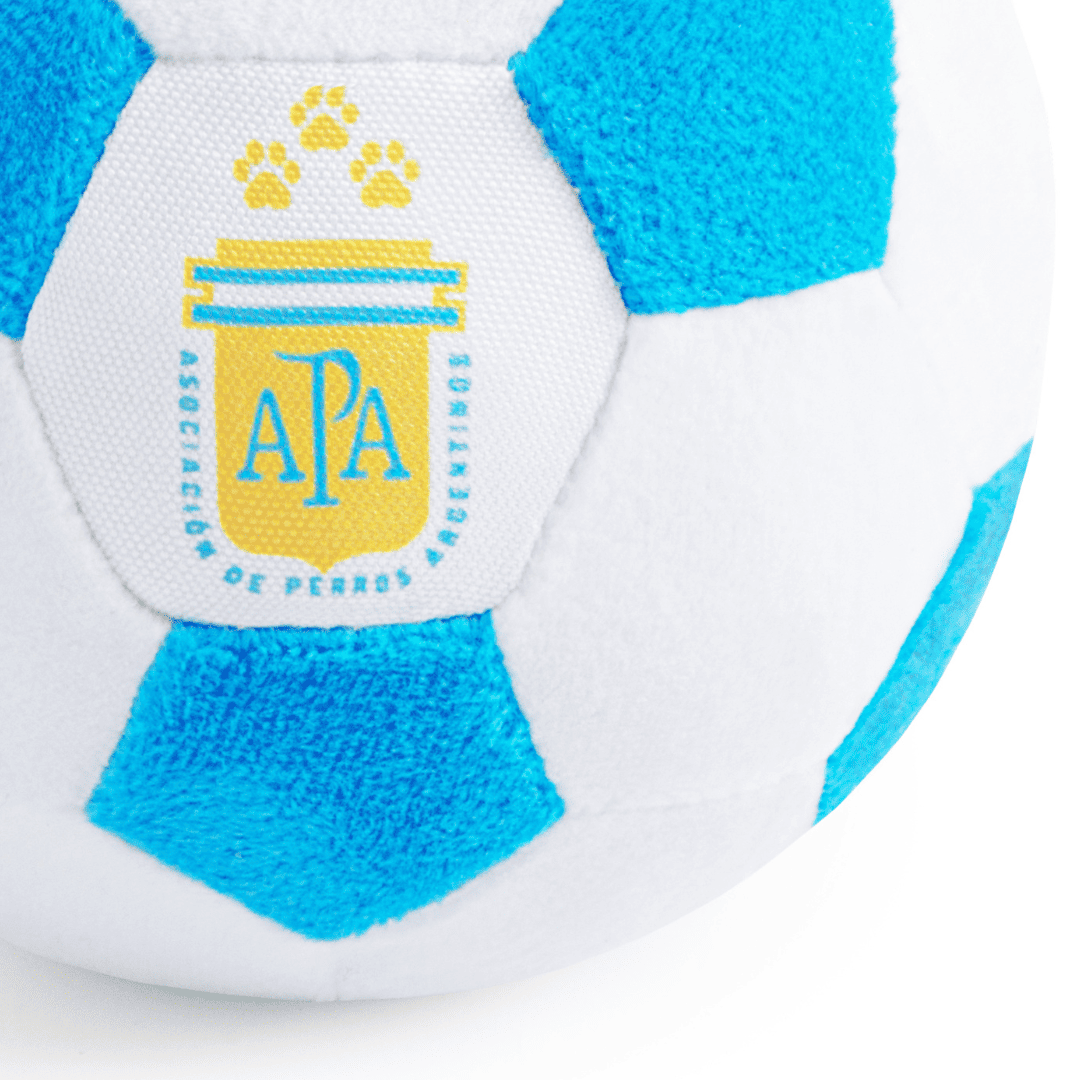 Close up image of Argentina small soccer ball dog toy, a fun and durable pet parody toy inspired by soccer, perfect for playful pups and as soccer gifts for dog-loving sports fans.