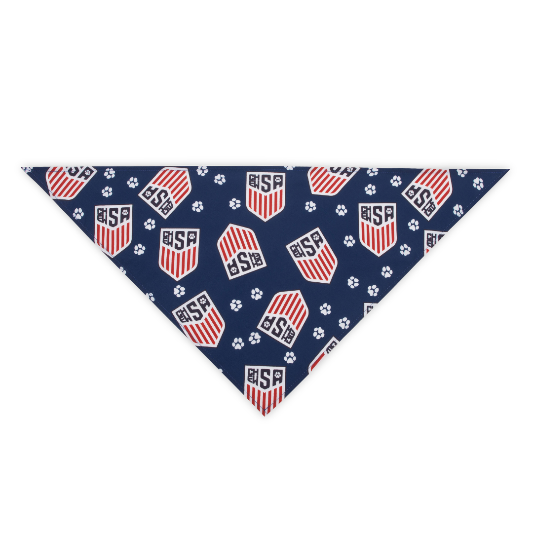 Navy blue soccer bandana with ChewSA shield and paw print pattern on a white background
