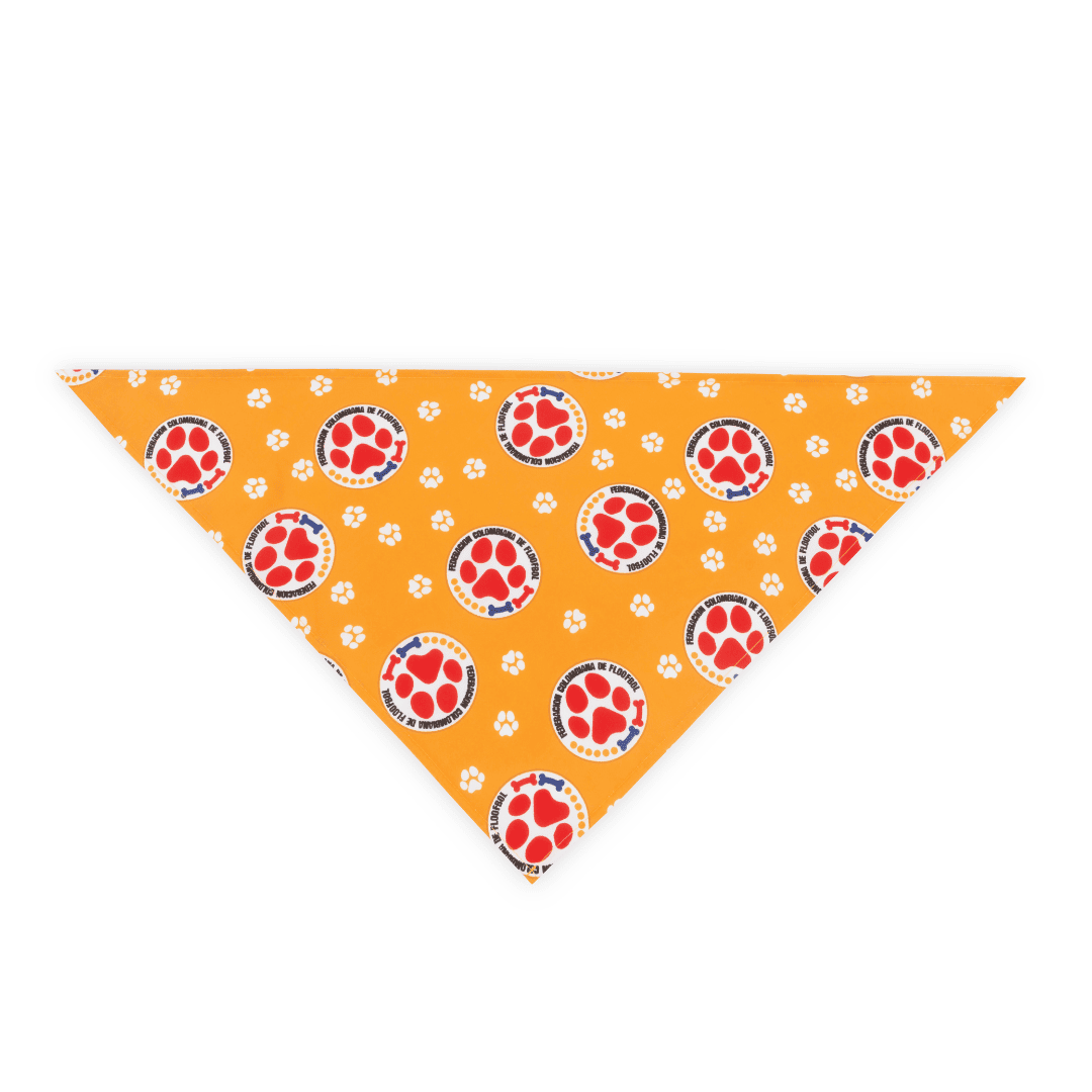 Flat lay, yellow Colombia parody dog bandana featuring a stylish Colombian soccer-inspired design, perfect for sporty pups and unique soccer gifts for dog-loving soccer fans