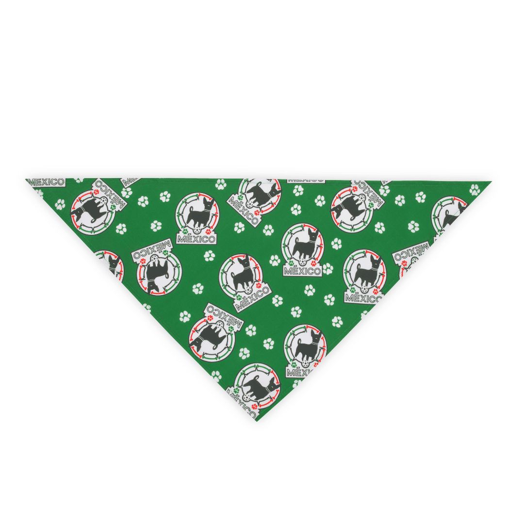 Flat lay of green soccer dog bandana with a Mexico-inspired pattern on a white background