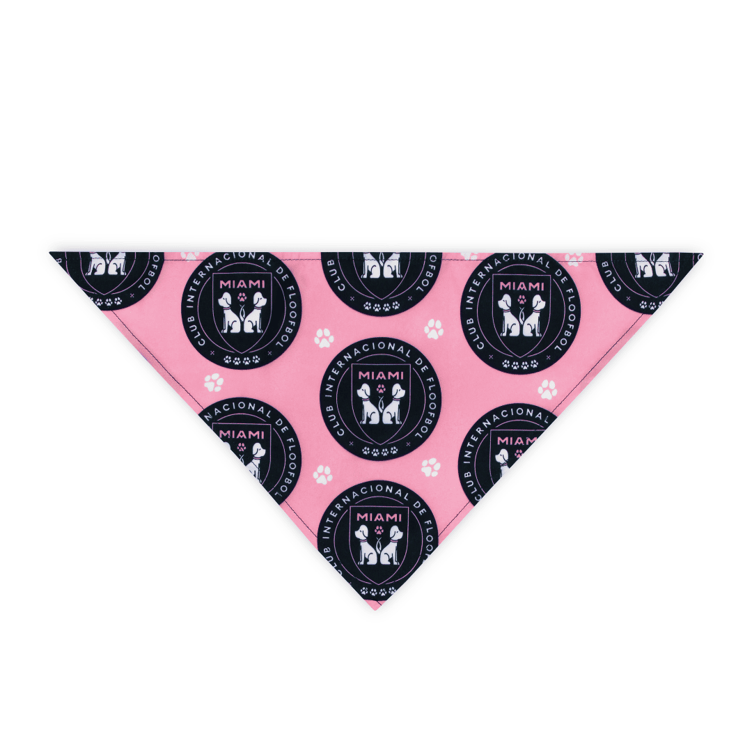 Flat, pink Miami parody dog bandana featuring a stylish soccer-inspired design, perfect for sporty pups and unique soccer gifts for dog-loving soccer fans