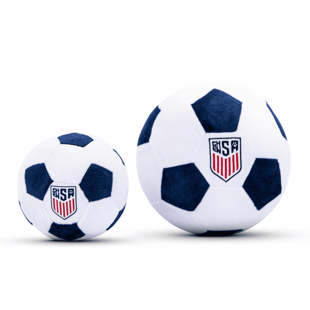size comparison image of ChewSA small and large soccer ball dog toy, a fun and durable pet parody toy inspired by soccer, perfect for playful pups and as soccer gifts for dog-loving sports fans.