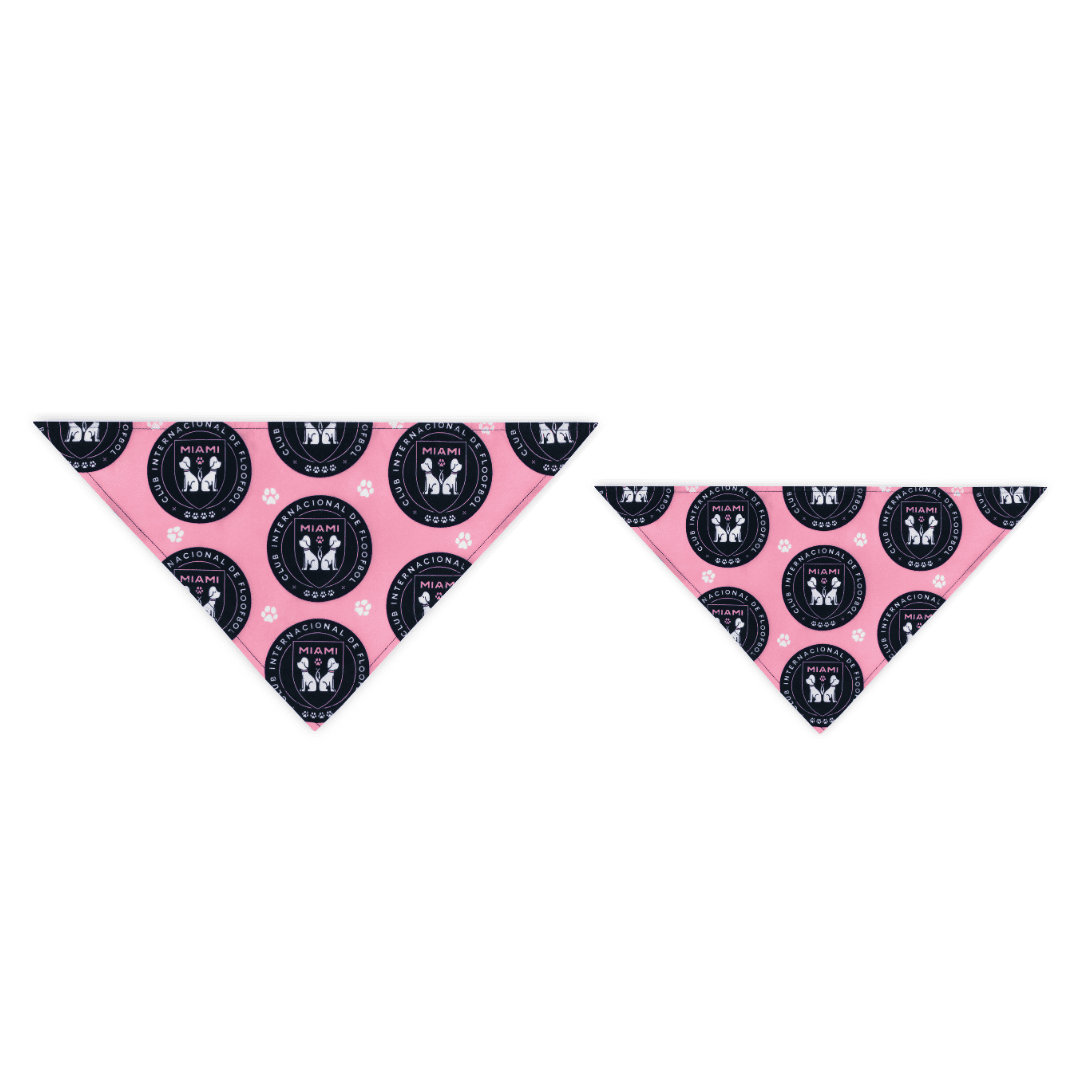 Large and Small, pink Miami parody dog bandana featuring a stylish soccer-inspired design, perfect for sporty pups and unique soccer gifts for dog-loving soccer fans