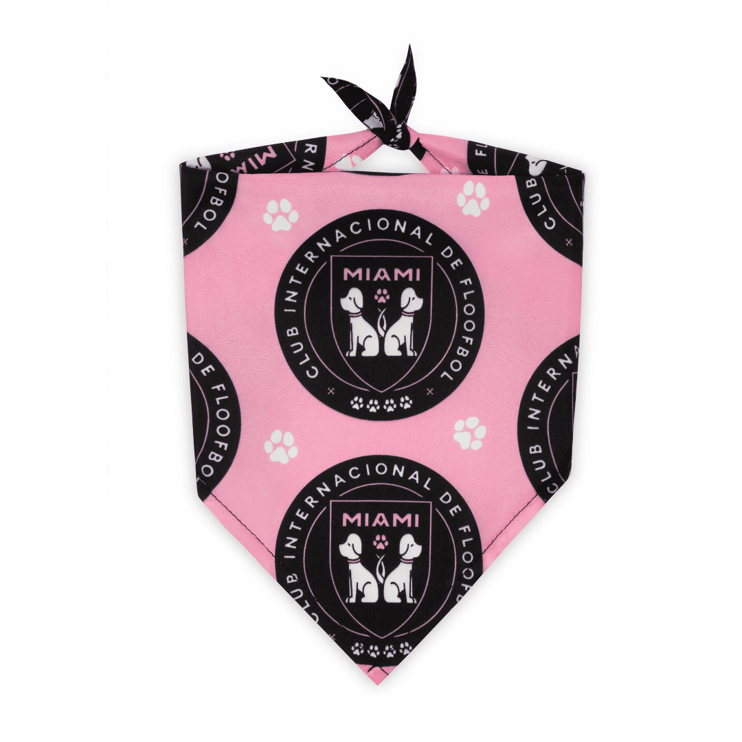 Tied, pink Miami parody dog bandana featuring a stylish soccer-inspired design, perfect for sporty pups and unique soccer gifts for dog-loving soccer fans