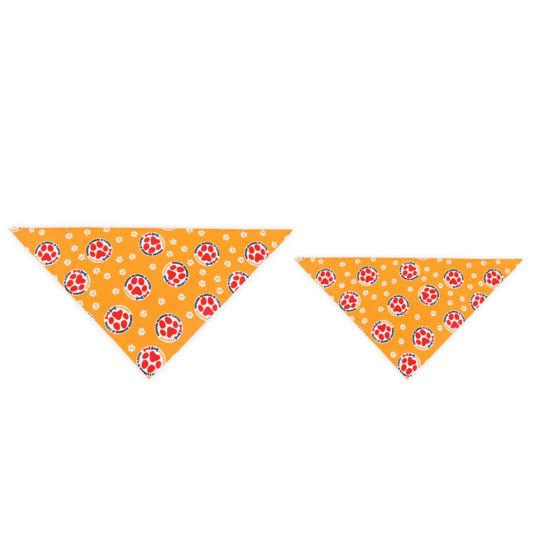 Small and large size comparison, yellow Colombia parody dog bandana featuring a stylish Colombian soccer-inspired design, perfect for sporty pups and unique soccer gifts for dog-loving soccer fans