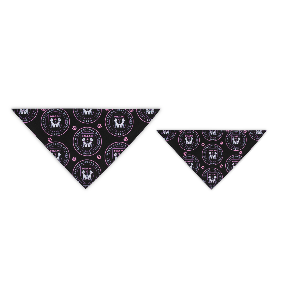 Large and small, black Miami parody dog bandana featuring a stylish soccer-inspired design, perfect for sporty pups and unique soccer gifts for dog-loving soccer fans