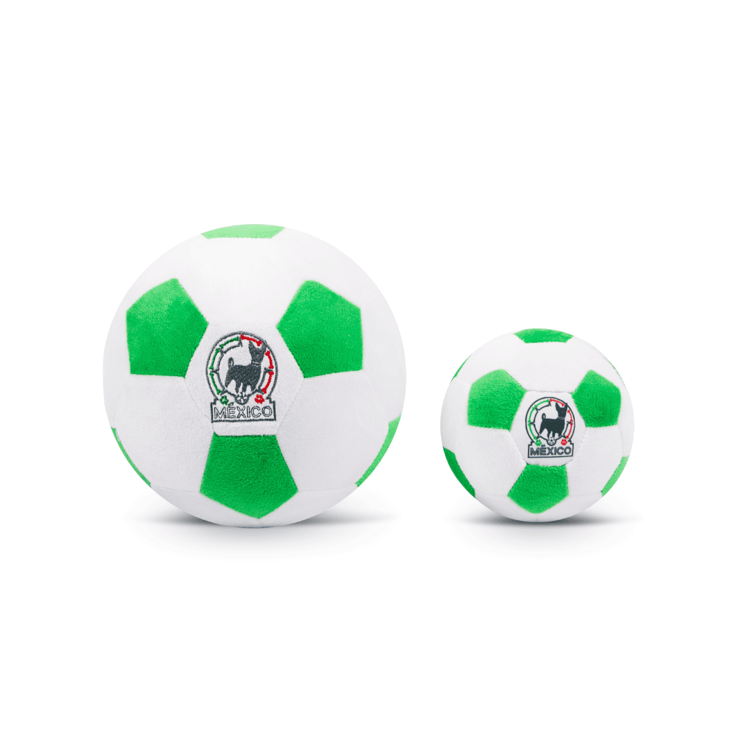  size comparison image of Mexico large  and small soccer ball dog toy, a fun and durable pet parody toy inspired by soccer, perfect for playful pups and as soccer gifts for dog-loving sports fans