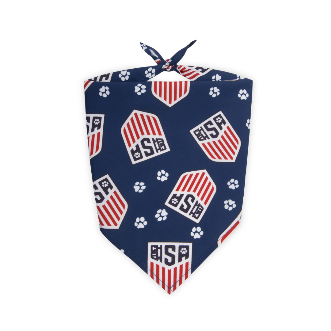 Tied, blue ChewSA parody dog bandana featuring a stylish soccer-inspired design, perfect for sporty pups and unique soccer gifts for dog-loving soccer fans