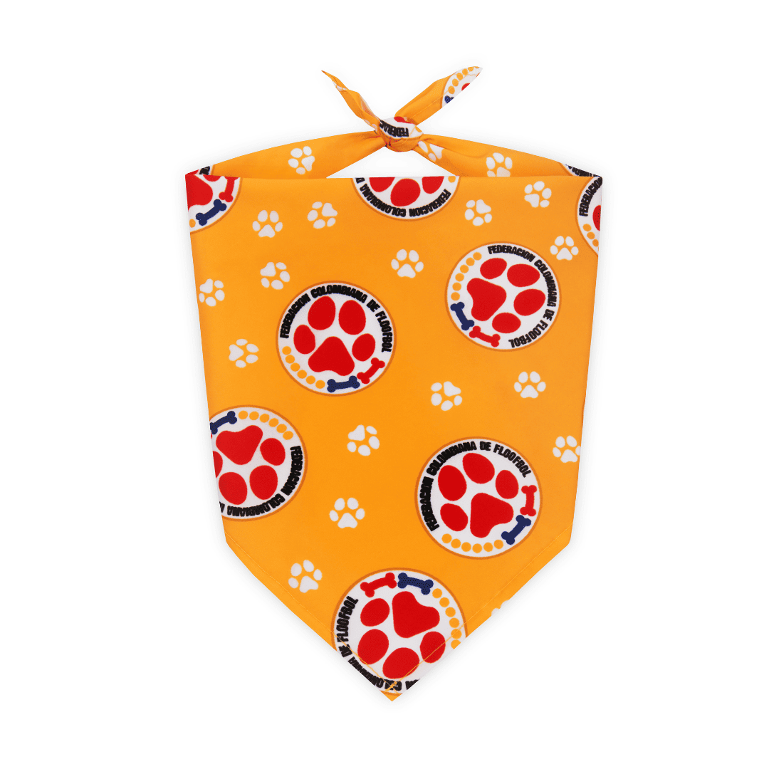 Tied, yellow Colombia parody dog bandana featuring a stylish soccer-inspired design, perfect for sporty pups and unique soccer gifts for dog-loving soccer fans