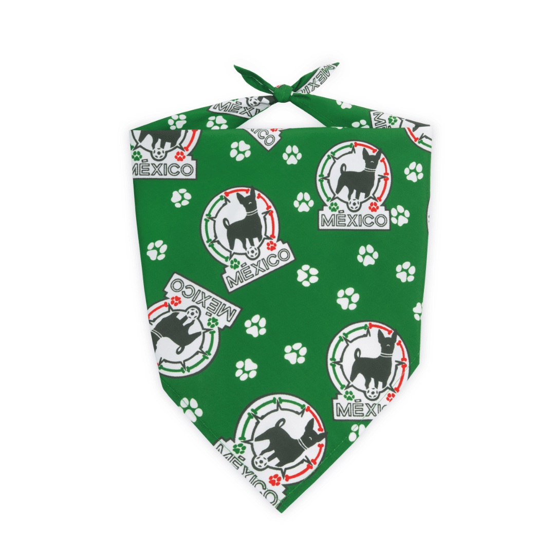 Green soccer dog bandana with Mexico-inspired design and dog paw print on a white background
