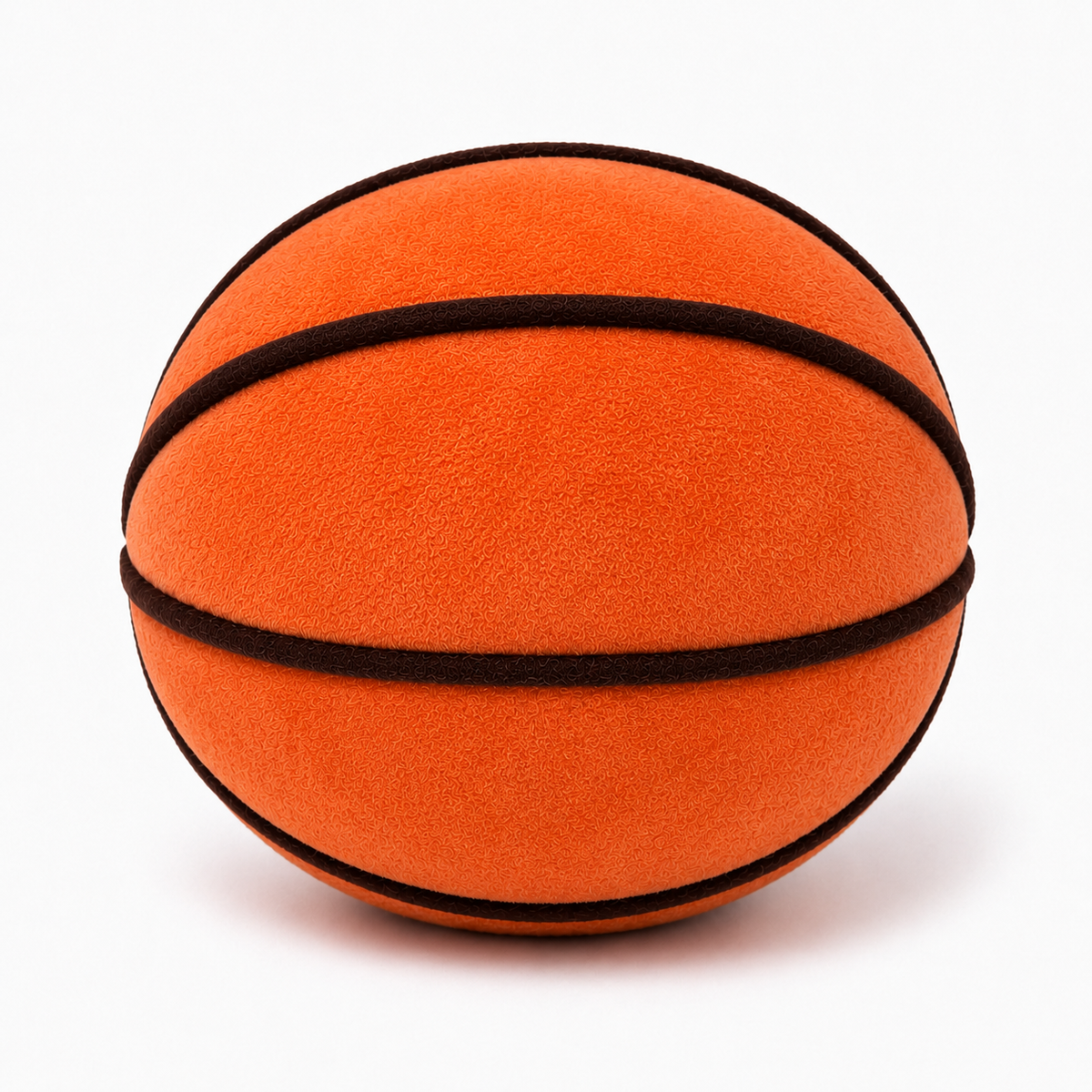 Back view of the Floofball plush basketball dog toy showing its orange fleece and black basketball seam design.