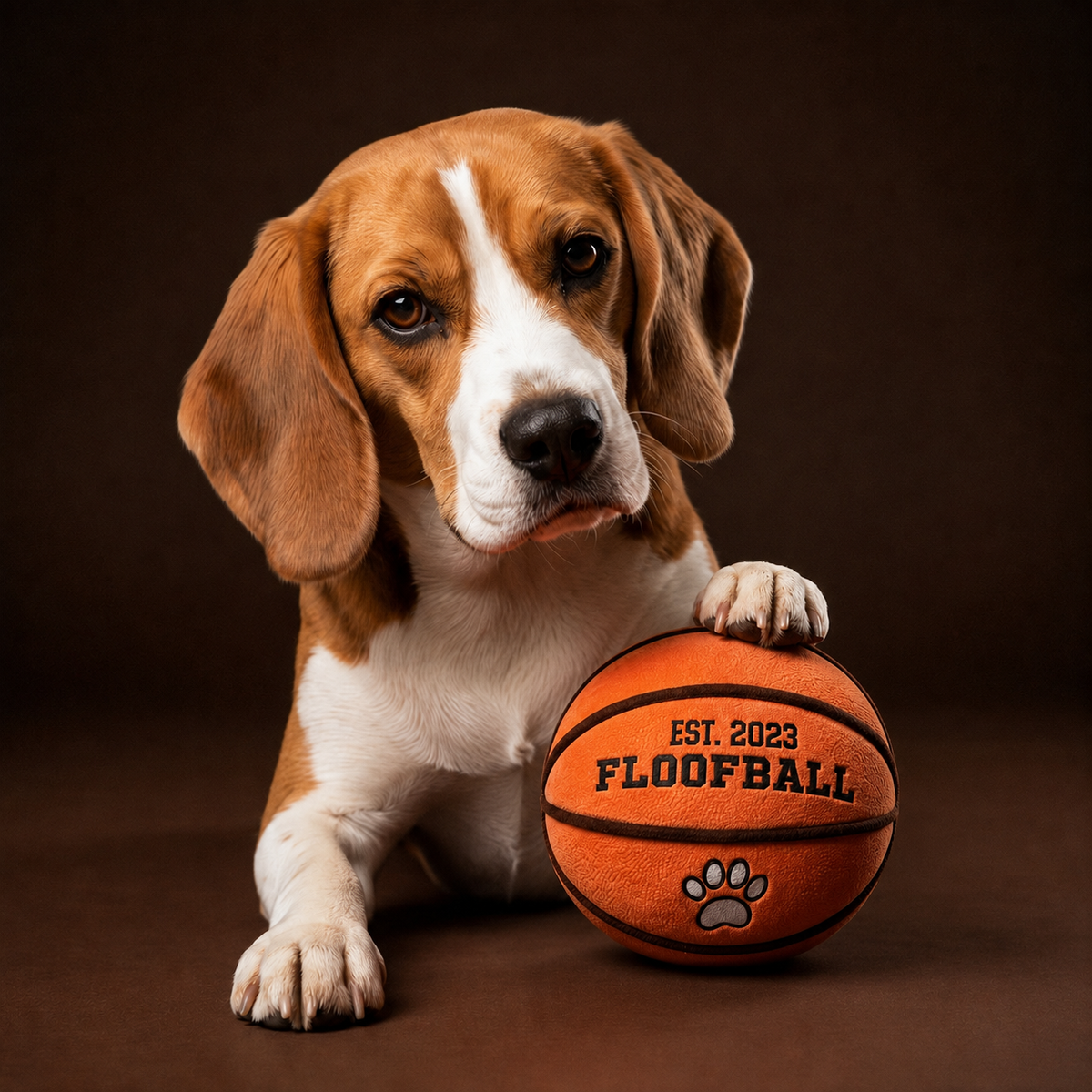 Beagle posing with Floofball plush basketball dog toy featuring embroidered branding and paw print detail.