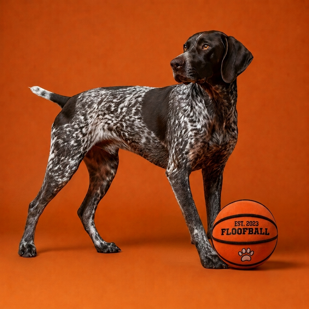 Dog posing with the Floofball plush basketball dog toy on an orange studio background.