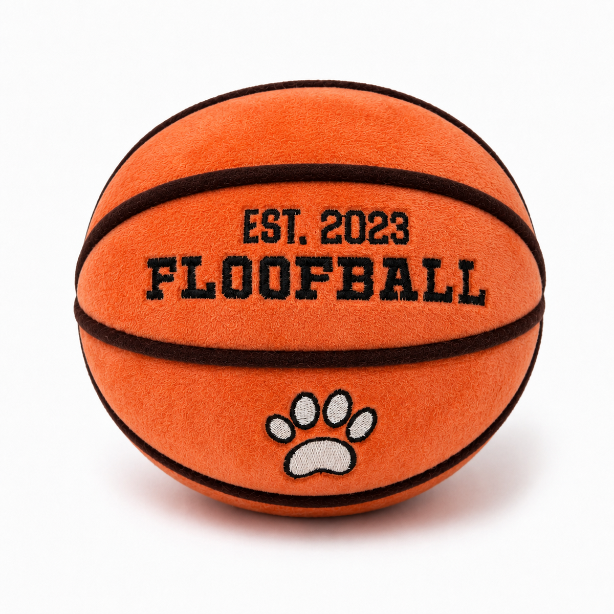 Front view of the Floofball plush basketball dog toy featuring embroidered EST. 2023 FLOOFBALL lettering and paw-print detail.