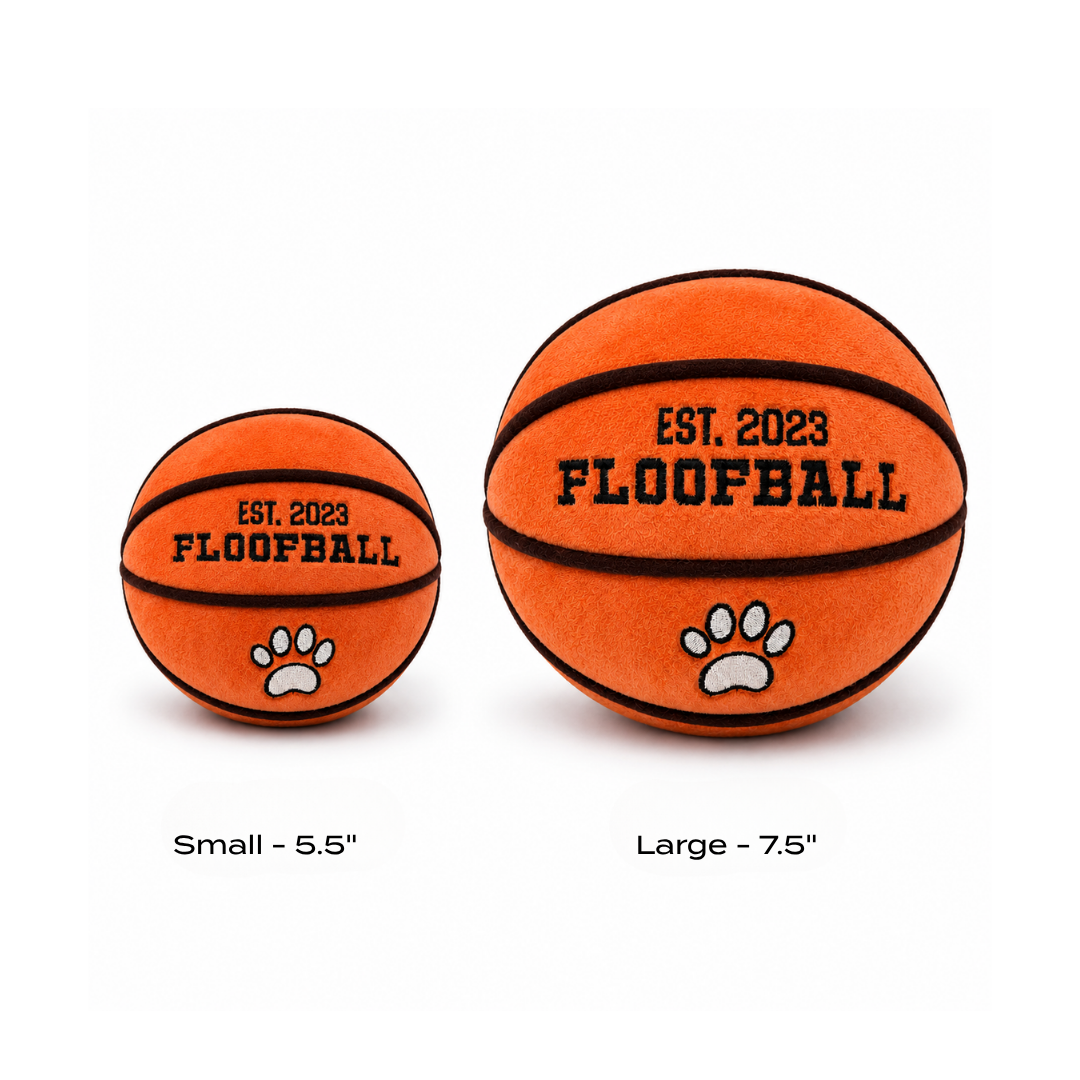 Floofball plush basketball dog toy size comparison showing small 5.5-inch and large 7.5-inch options.