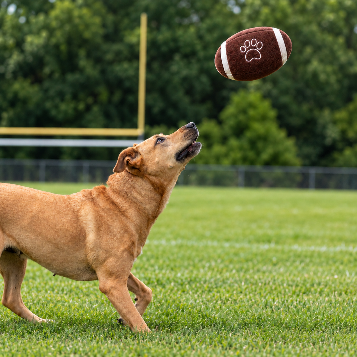 Dog playing with a Floofball plush football dog toy on a football field