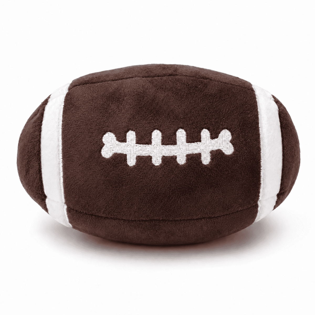 Floofball plush football dog toy featuring embroidered white football lace detailing.