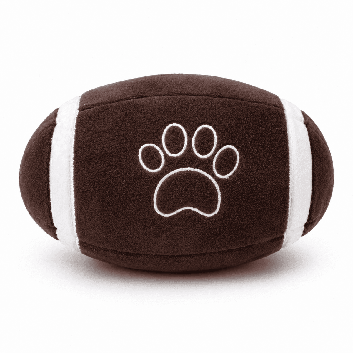 Floofball plush football dog toy featuring an embroidered paw-print detail on the brown fleece exterior.