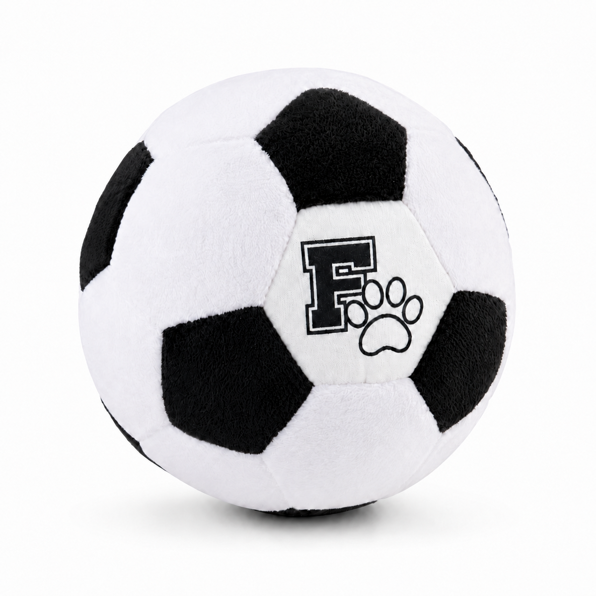 Floofball black and white plush soccer ball dog toy with embroidered F and paw logo, shown at an angle.