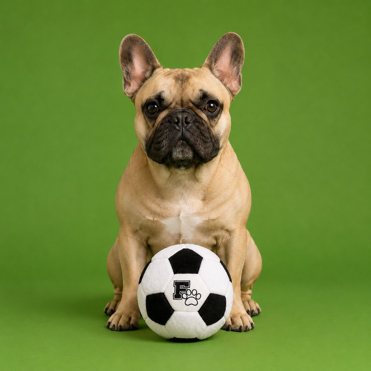 French bulldog sitting with a Floofball plush soccer ball dog toy on a green studio background.