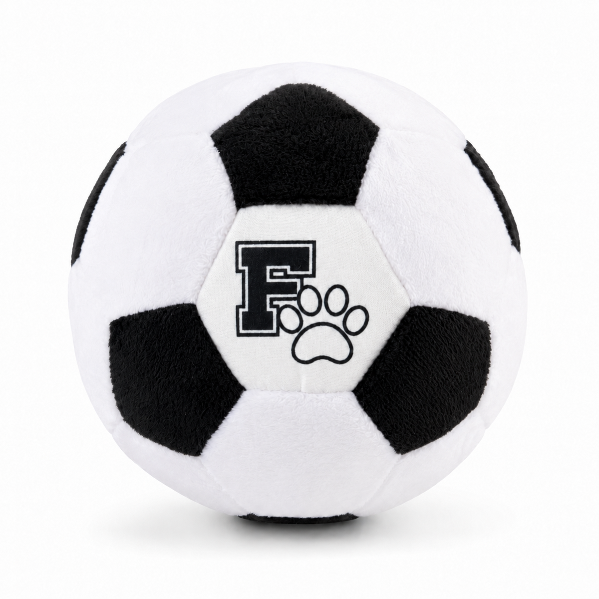 Front view of the Floofball black and white plush soccer ball dog toy with embroidered F and paw logo.