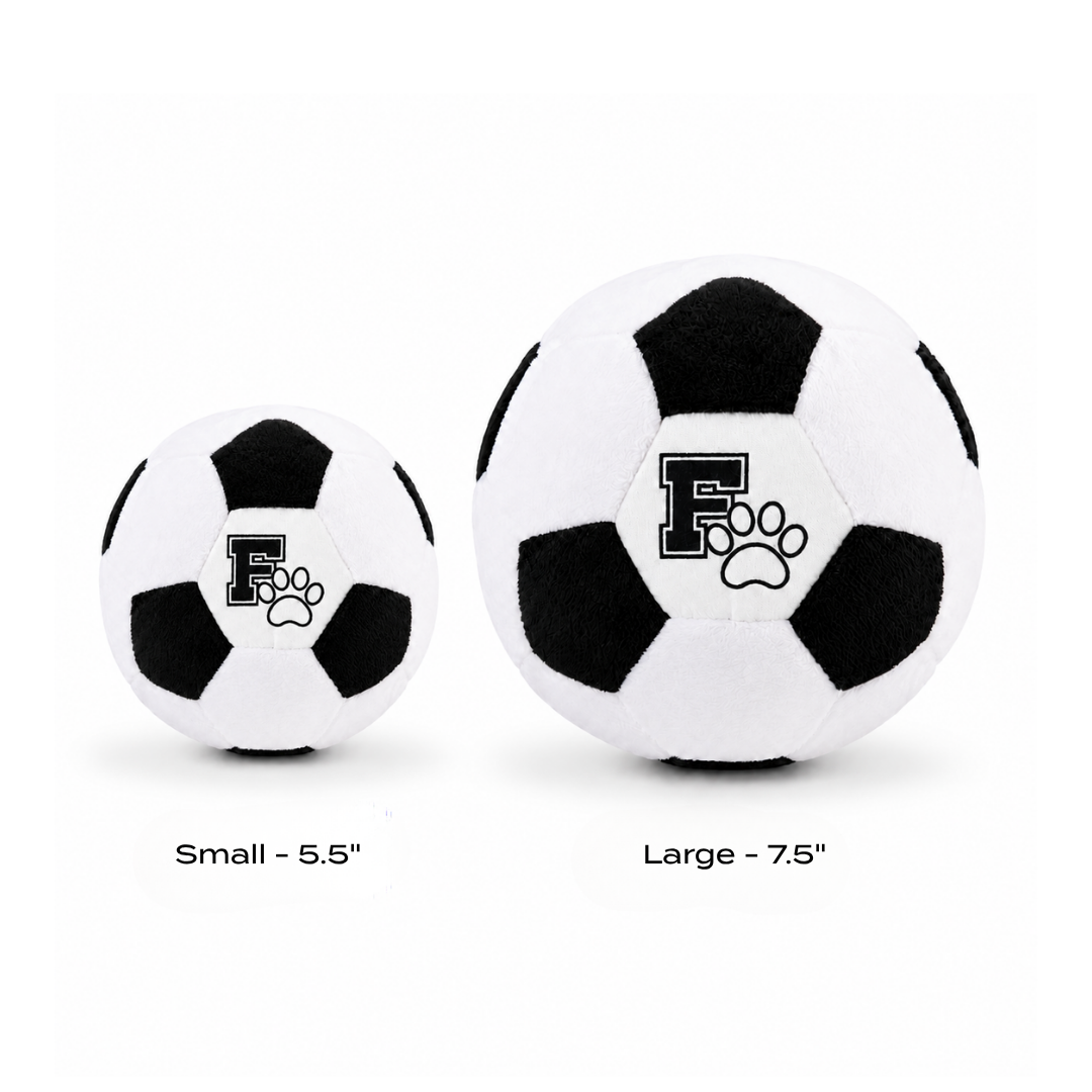 Floofball plush soccer ball dog toy size comparison showing small 5.5-inch and large 7.5-inch options.