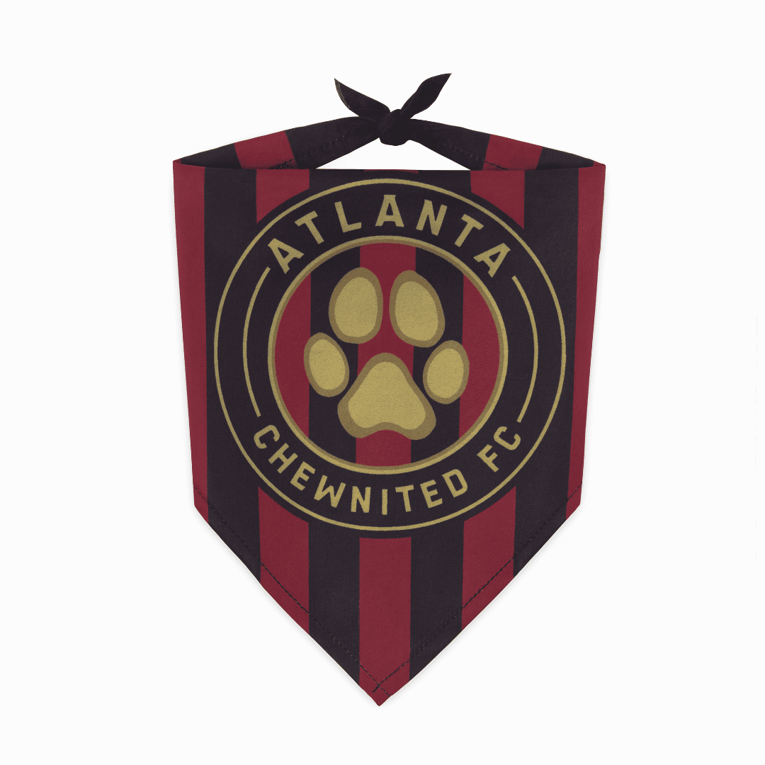 Front, striped Atlanta parody dog bandana featuring a stylish soccer-inspired design, perfect for sporty pups and unique soccer gifts for dog-loving soccer fans