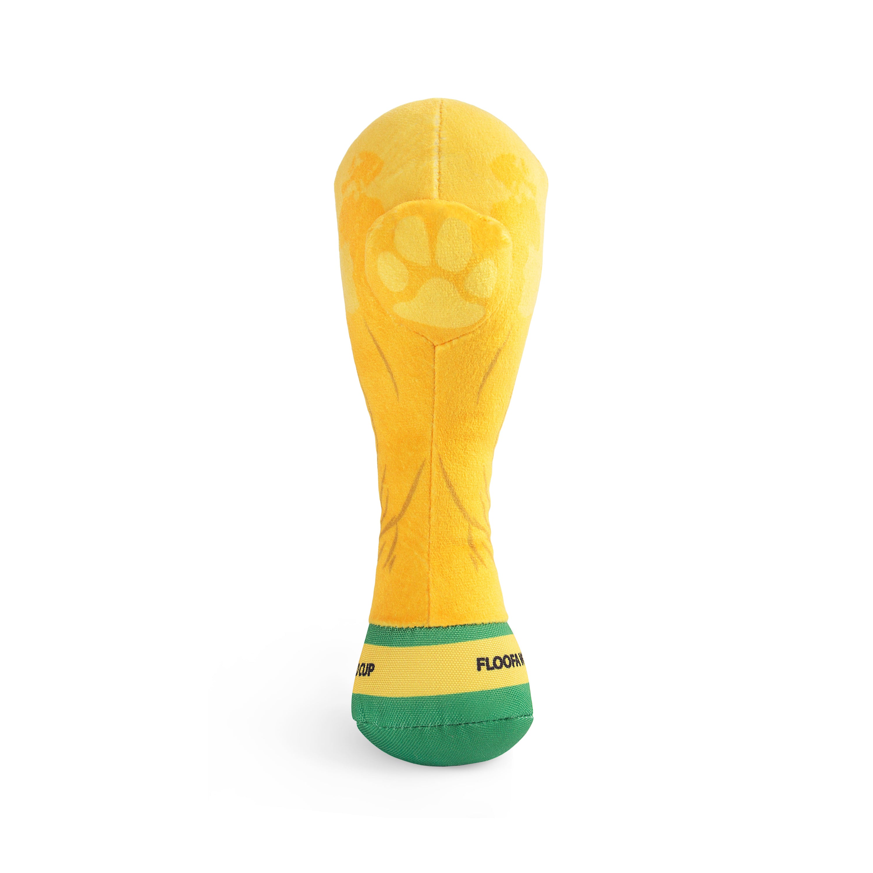 Side image of Floofa World Cup Trophy dog toy, a fun and durable design for playful pups, perfect as unique soccer gifts for dog-loving sports enthusiasts